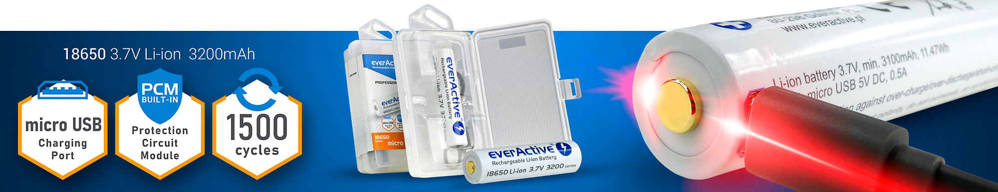 everActive 18650 micro USB battery everActive 18650 battery top