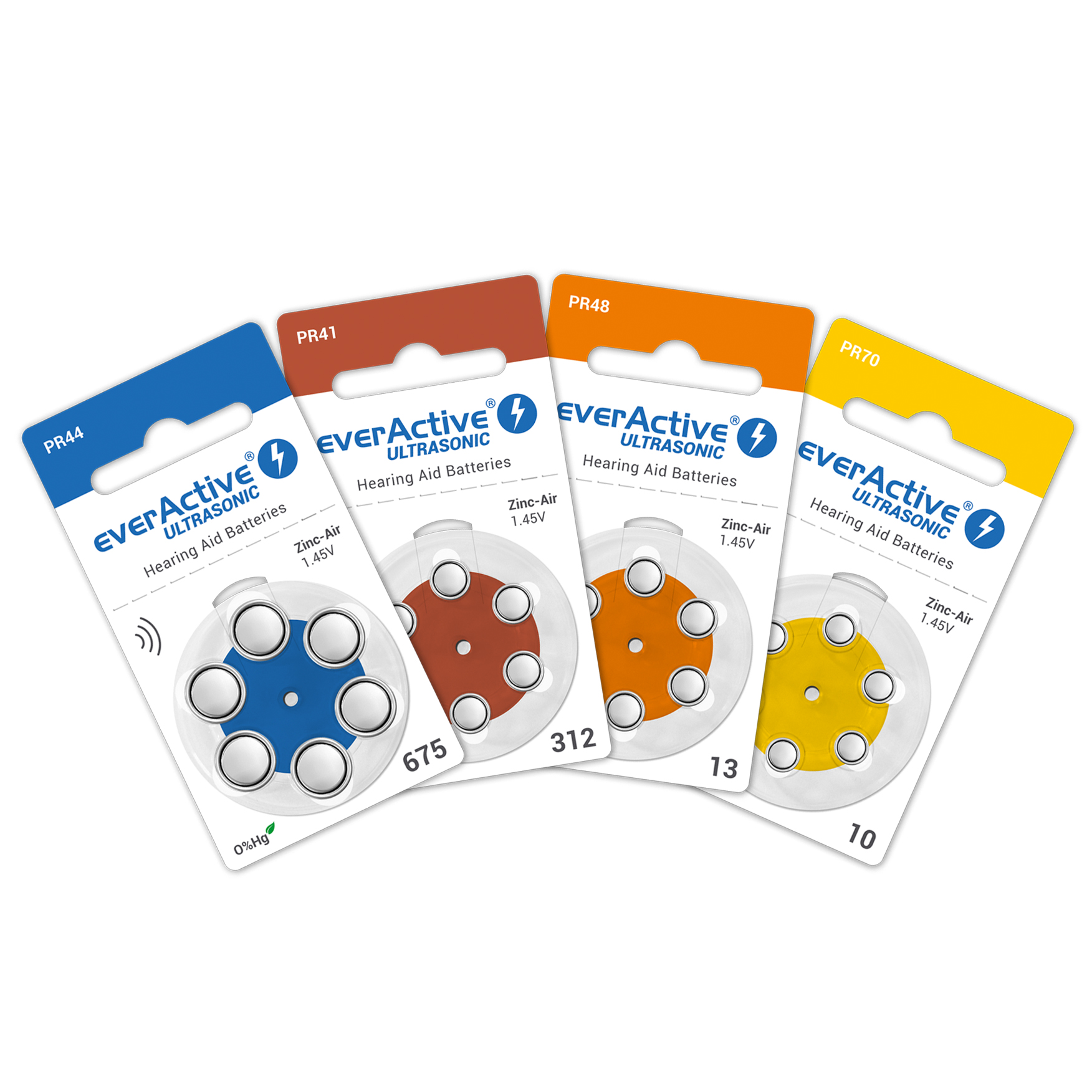 everActive Hearing Aid Batteries, types 10, 13, 312, 675 new zinc-air batteries from everActive